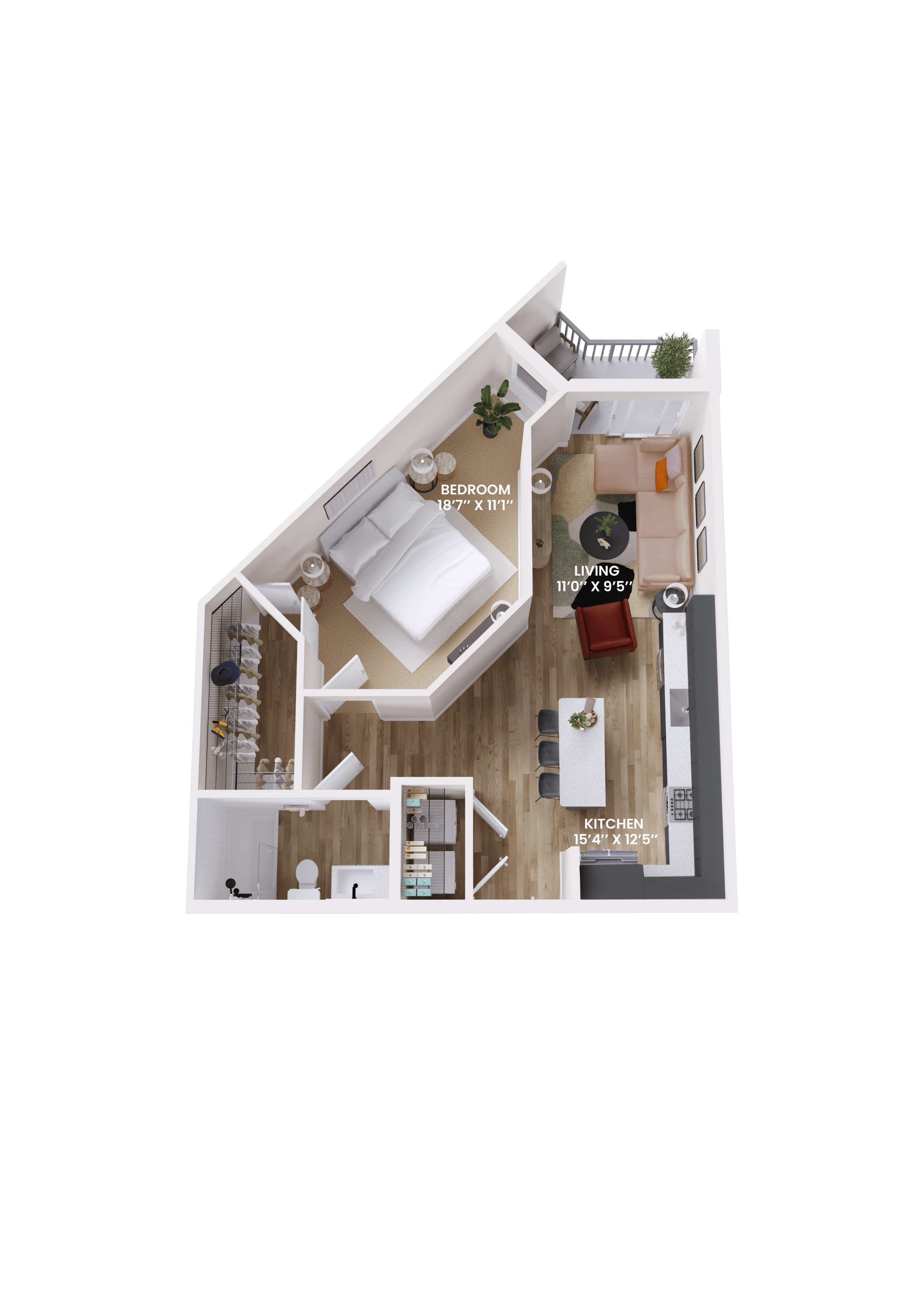 Floor plan for 1 bed, 1 bath, 685 sqft